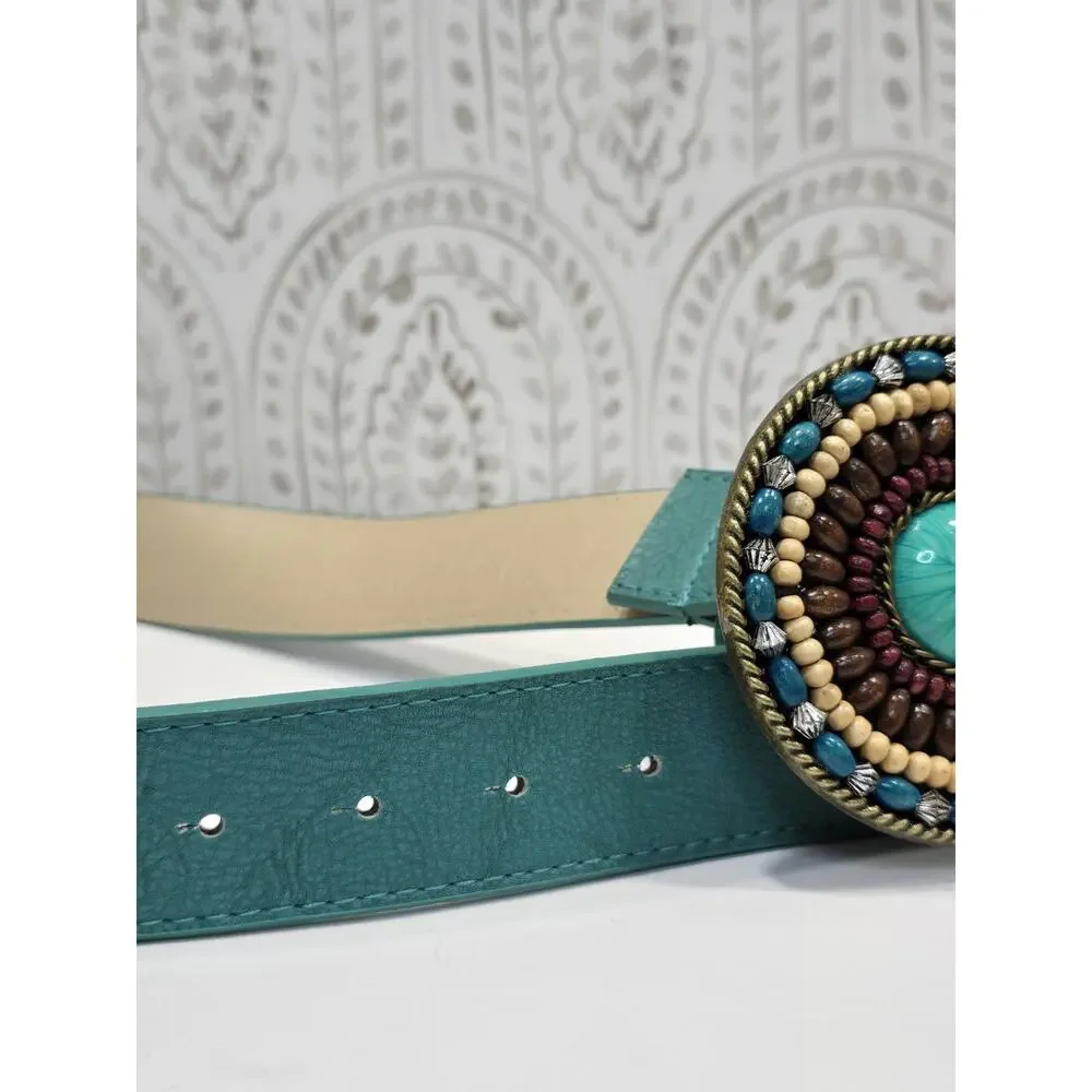 Vintage Womens Medium Belt Western Cowgirl Turquoise Teal Beaded Large Concho